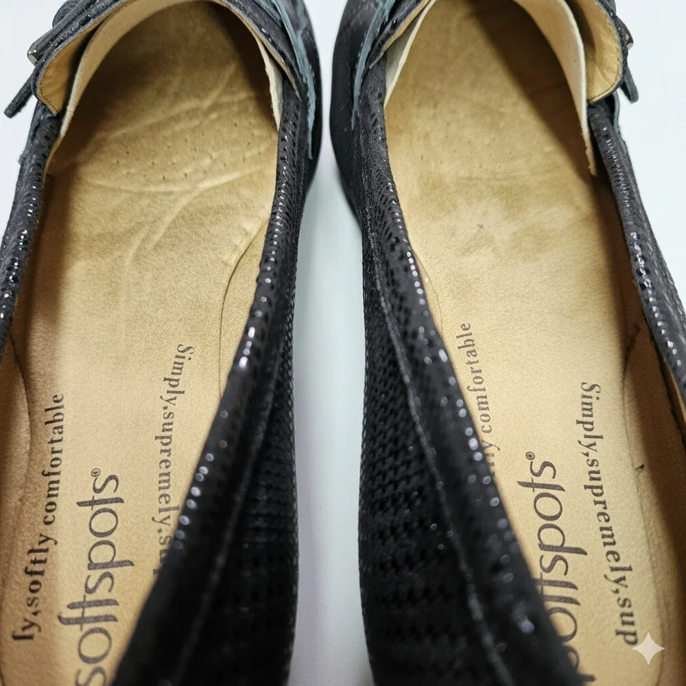 Softspots Size 10 Flats Loafers Black Metallic Houndstooth Leather Cushioned